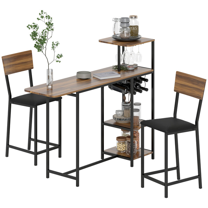 Conjunto de Mesa e Bancos de Bar Mesa Alta de Cozinha com 2 Bancos Laterais Rebatíveis Suporte para Vinhos e Prateleiras Estilo Industrial Castanho e Preto