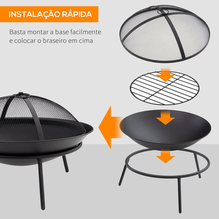 Braseiro de Exterior Braseiro de Metal com Tampa Protetora de Faíscas e Atiçador para Varanda Campismo Ar Livre Ø47x33 cm Preto