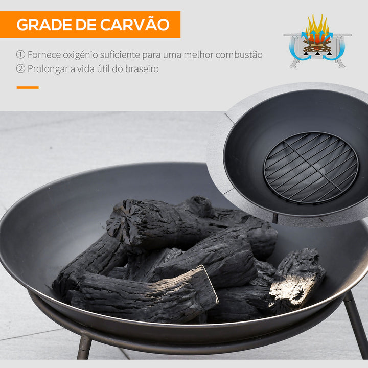Braseiro de Exterior Braseiro de Metal com Tampa Protetora de Faíscas e Atiçador para Varanda Campismo Ar Livre Ø47x33 cm Preto