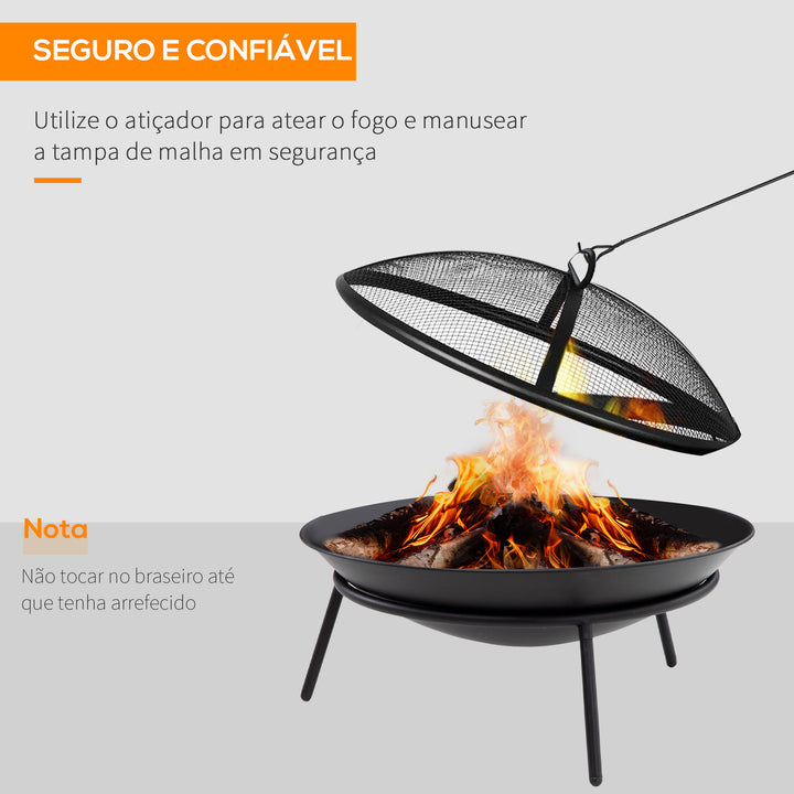 Braseiro de Exterior Braseiro de Metal com Tampa Protetora de Faíscas e Atiçador para Varanda Campismo Ar Livre Ø47x33 cm Preto
