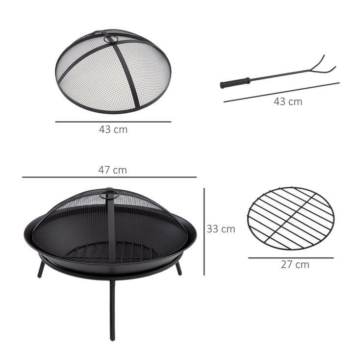 Braseiro de Exterior Braseiro de Metal com Tampa Protetora de Faíscas e Atiçador para Varanda Campismo Ar Livre Ø47x33 cm Preto