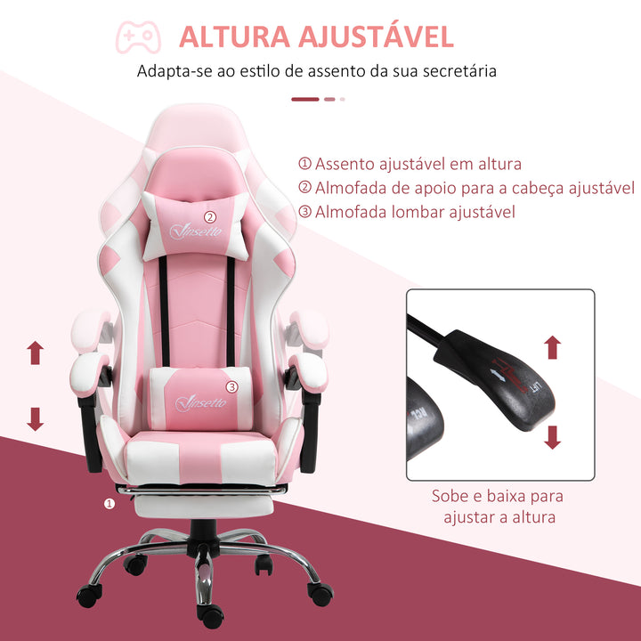 Cadeira de Gaming Reclinável Cadeira Gaming Giratória com Apoio para a Cabeça Apoio para os Pés Almofada Lombar Altura Ajustável para Escritório Estúdio 64x67x119-127 cm Rosa