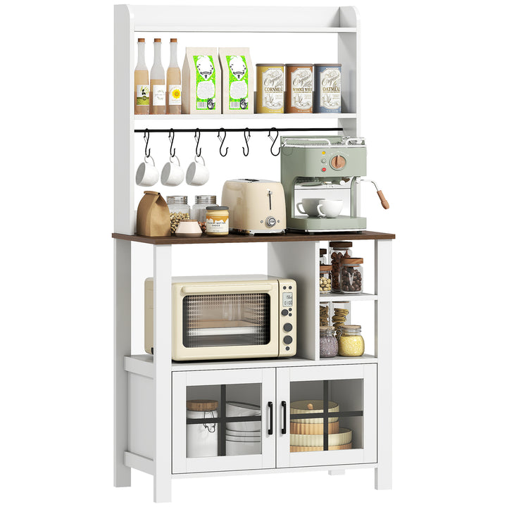 Armário de Cozinha Alto Móvel Auxiliar de Cozinha com 6 Ganchos para Chávenas 2 Portas de Vidro Prateleiras Abertas 80x40x152 cm Branco