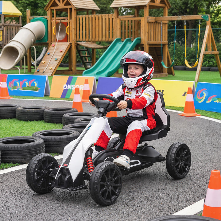 Go Kart Carro Elétrico para Crianças de 3 a 8 Anos Kart a Bateria 12V Velocidade Ajustável 3-5 km/h e Cinto de Segurança Carga 30 kg para Exterior 100x58x58,5 cm Branco