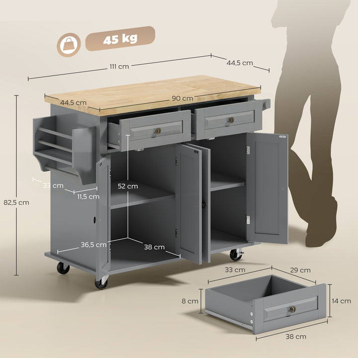 Ilha de Cozinha com Rodas Móvel Auxiliar de Cozinha com 2 Gavetas 4 Portas Suporte para Temperos e Barra Lateral 111x44,5x82,5 cm Cinzento e Madeira