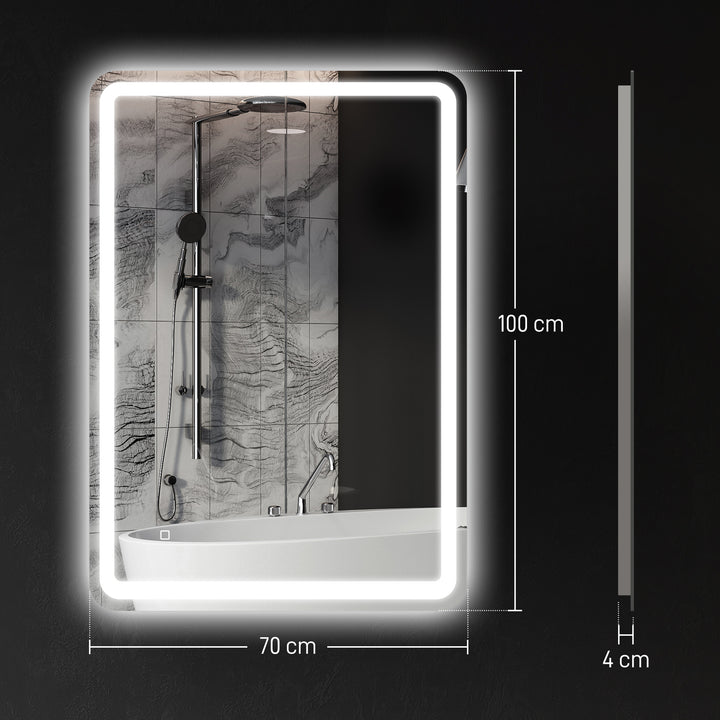 Espelho Casa de banho com Luzes LED 70x100 cm Espelho de Parede Antiembaciamento com 3 Temperaturas de Cor Ajustável e Função de Memória Horizontal e Vertical Prata