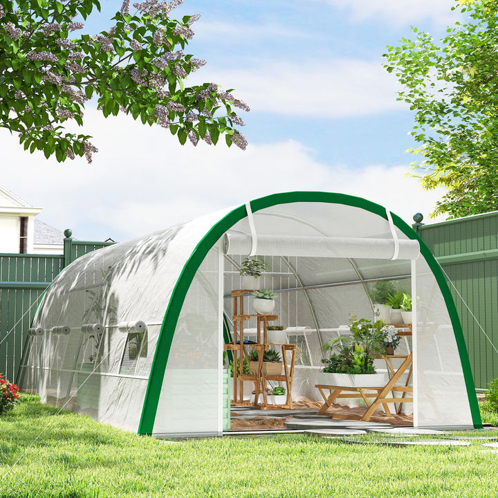 Estufa de Exterior 6x3x2 m Estufa de Túnel com Porta Enrolável 8 Janelas com Rede Cobertura PE 140g/m² Estrutura em Aço Galvanizado para Cultivos Plantas Flores Branco