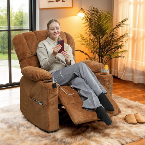 Poltrona Relax Reclinável Elétrica, Poltrona Silenciosa de Veludo com Função Memória, Apoio para os Pés, Comando à Distância, Bolsos Laterais, Porta USB, Suporte para Copos, Encosto Concha, Castanho