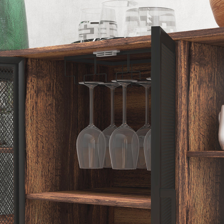 Aparador de Cozinha Industrial Móvel de Armazenamento de Garrafas com 6 Prateleiras Abertas Suporte para Copos e Prateleira Ajustável para Bar Sala Cozinha 120x40x76 cm Castanho Rústico