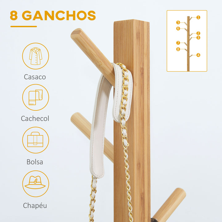 Cabide de Pé em Bambu com 8 Ganchos para Pendurar Bolsas e Chapéus no Corredor Entrada Quarto 49,5x49,5x178 cm Madeira
