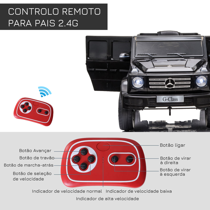 Carro Elétrico para Crianças acima de 3 Anos BENZ G500 Todo-o-Terreno com Bateria 12V Veículo Elétrico com Controlo Remoto Música Buzina Velocidade 3-5 km/h Carga 30 kg Preto