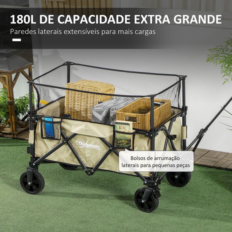 Carrinho de Transporte Dobrável 180 L Carrinho de Jardim com Comprimento e Ângulo do Guiador Ajustáveis e Paredes Laterais Extensíveis Carga 120 kg para Pátio Praia Cáqui