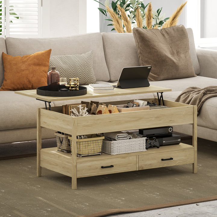 Mesa de Centro Elevável Mesa de Centro com Bancada Elevável Espaço Oculto de Armazenamento Gavetas e Prateleira Aberta 100x50x48-62 cm Carvalho