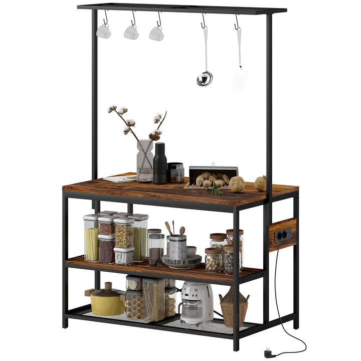 Estante de Cozinha com Tomada de Corrente Estante de Cozinha Estilo Industrial com Prateleiras Ganchos Móvel Auxiliar para Sala de Jantar 116x70x182 cm Marrom Rústico