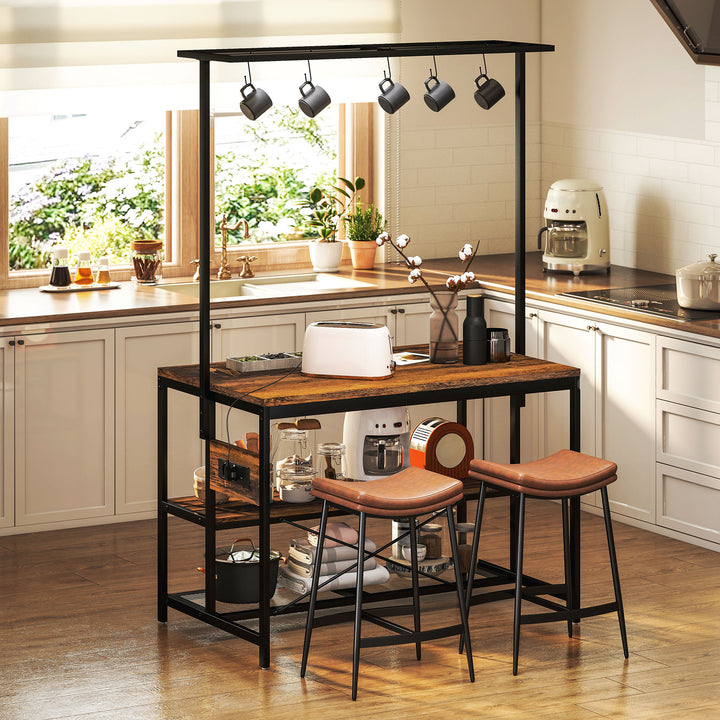 Estante de Cozinha com Tomada de Corrente Estante de Cozinha Estilo Industrial com Prateleiras Ganchos Móvel Auxiliar para Sala de Jantar 116x70x182 cm Marrom Rústico