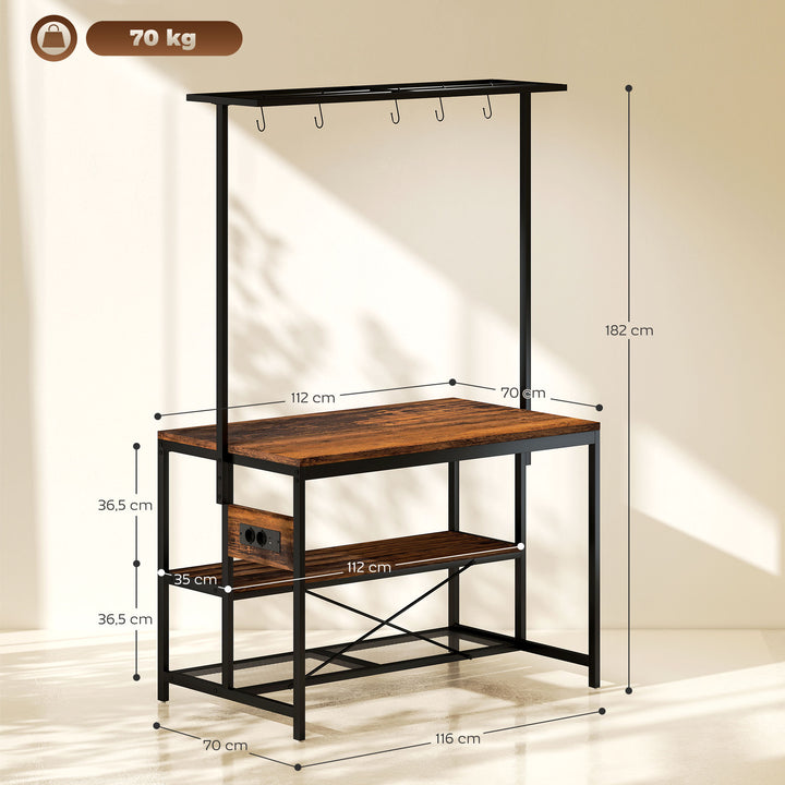 Estante de Cozinha com Tomada de Corrente Estante de Cozinha Estilo Industrial com Prateleiras Ganchos Móvel Auxiliar para Sala de Jantar 116x70x182 cm Marrom Rústico