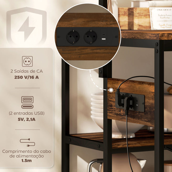 Estante de Cozinha com Tomada de Corrente Estante de Cozinha Estilo Industrial com Prateleiras Ganchos Móvel Auxiliar para Sala de Jantar 116x70x182 cm Marrom Rústico