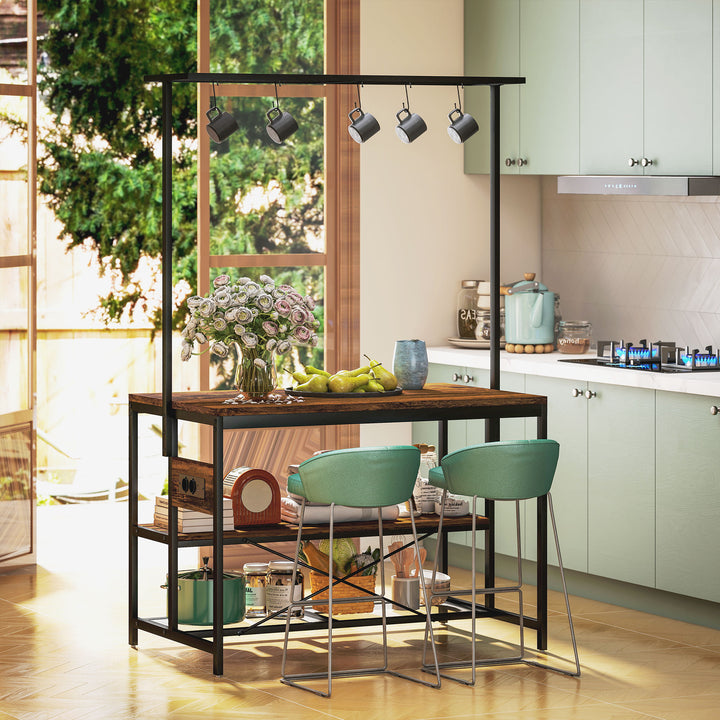 Estante de Cozinha com Tomada de Corrente Estante de Cozinha Estilo Industrial com Prateleiras Ganchos Móvel Auxiliar para Sala de Jantar 116x70x182 cm Marrom Rústico