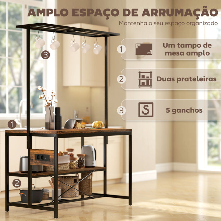 Estante de Cozinha com Tomada de Corrente Estante de Cozinha Estilo Industrial com Prateleiras Ganchos Móvel Auxiliar para Sala de Jantar 116x70x182 cm Marrom Rústico