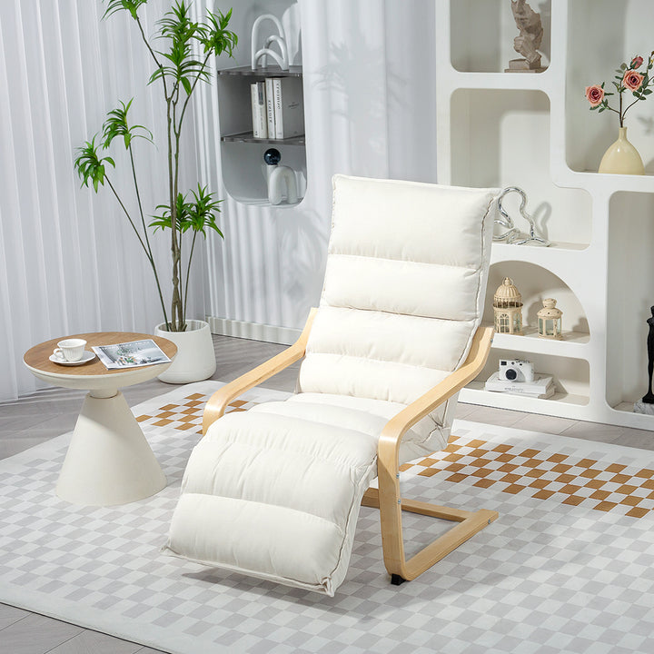 Poltrona de Sala com Apoio para os Pés Ajustável, Poltrona Estofada em Veludo, Estrutura de Madeira, Poltrona de Relaxamento para Quarto, Escritório, Estúdio, 67x93x105 cm, Creme