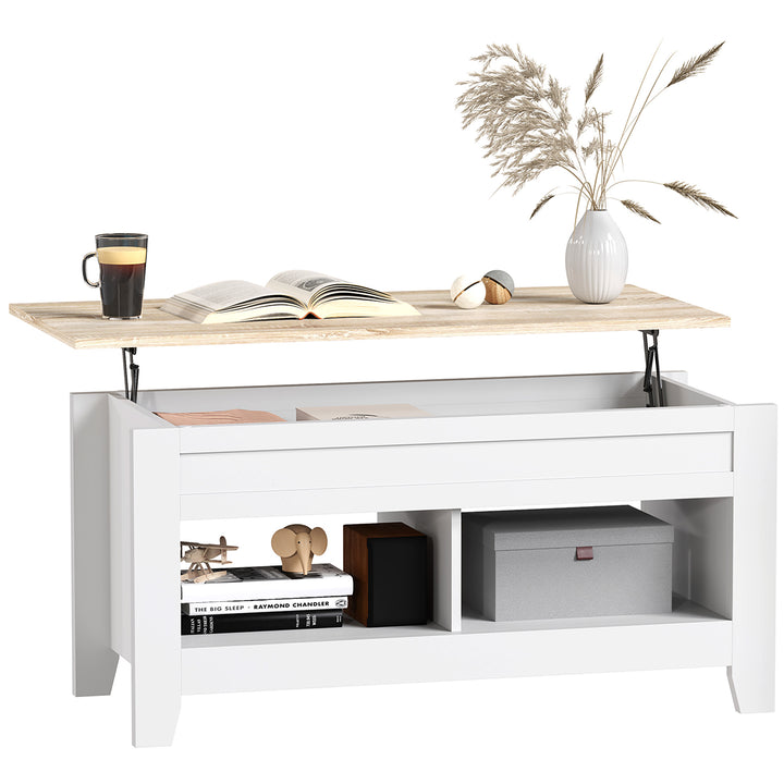 Mesa de Centro com Bancada Elevável Mesa de Centro com 2 Compartimentos Abertos Bancada de Madeira Mesa Retangular para Sala de Estar 105x50x49 cm Branco e Madeira