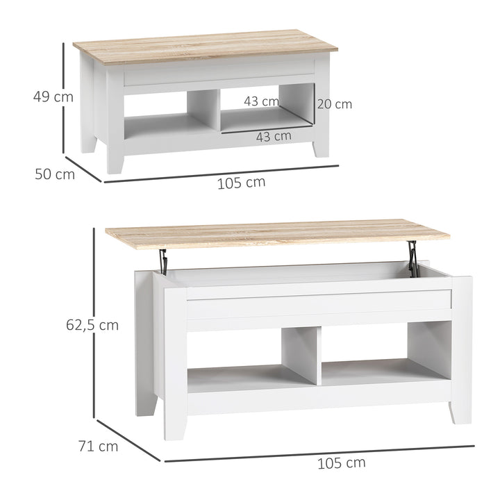 Mesa de Centro com Bancada Elevável Mesa de Centro com 2 Compartimentos Abertos Bancada de Madeira Mesa Retangular para Sala de Estar 105x50x49 cm Branco e Madeira