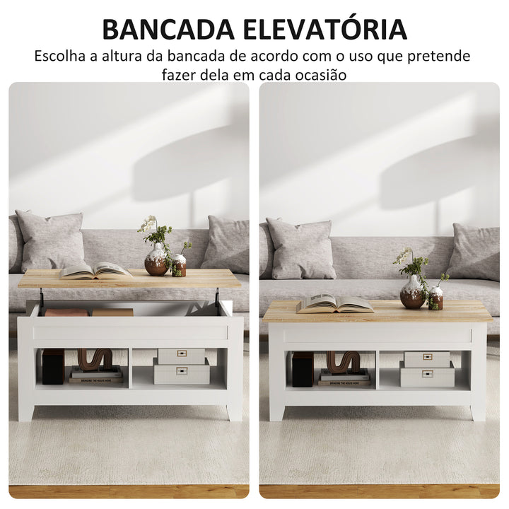 Mesa de Centro com Bancada Elevável Mesa de Centro com 2 Compartimentos Abertos Bancada de Madeira Mesa Retangular para Sala de Estar 105x50x49 cm Branco e Madeira