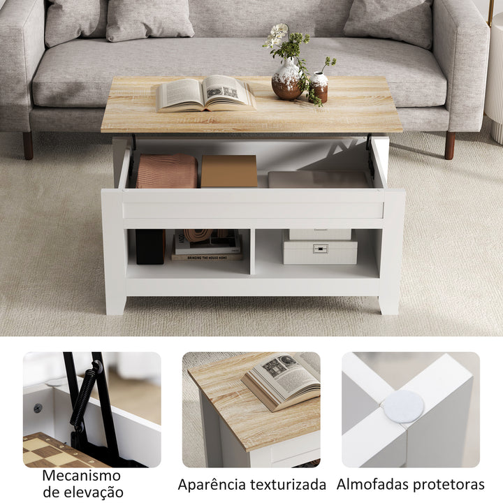 Mesa de Centro com Bancada Elevável Mesa de Centro com 2 Compartimentos Abertos Bancada de Madeira Mesa Retangular para Sala de Estar 105x50x49 cm Branco e Madeira