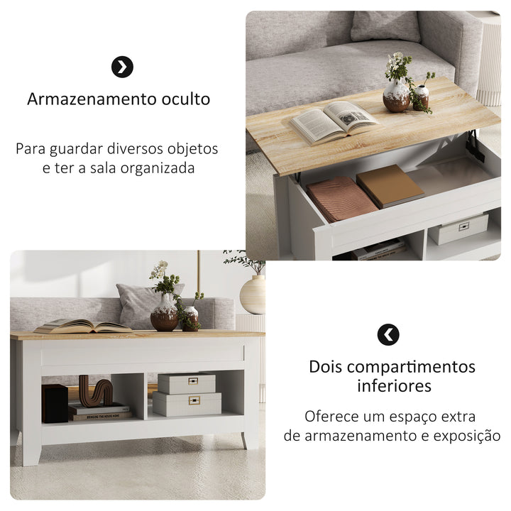 Mesa de Centro com Bancada Elevável Mesa de Centro com 2 Compartimentos Abertos Bancada de Madeira Mesa Retangular para Sala de Estar 105x50x49 cm Branco e Madeira