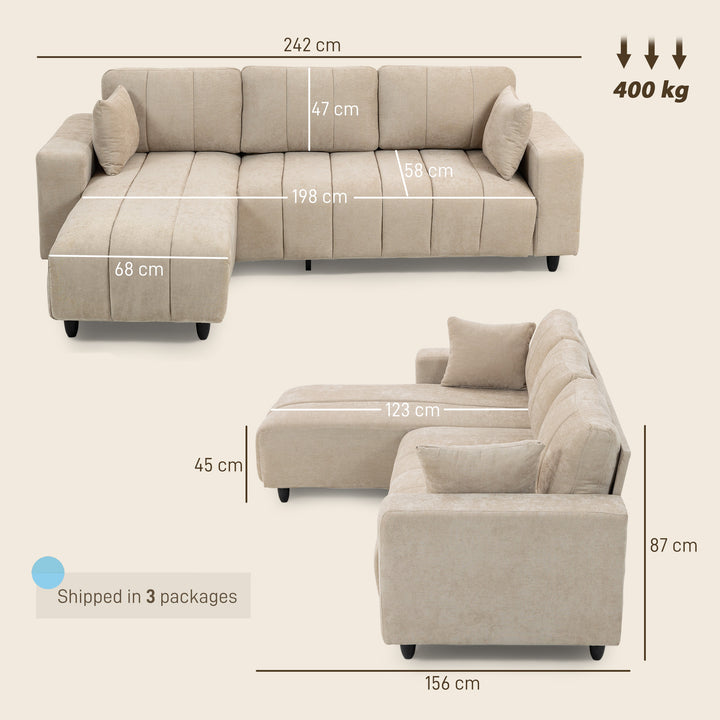 Sofá Chaise Longue Reversível Sofá de Canto em Forma de L de 3 Lugares 2 Almofadas Estofado em Linho Estrutura de Aço para Sala de Estar 242x156x87 cm Bege