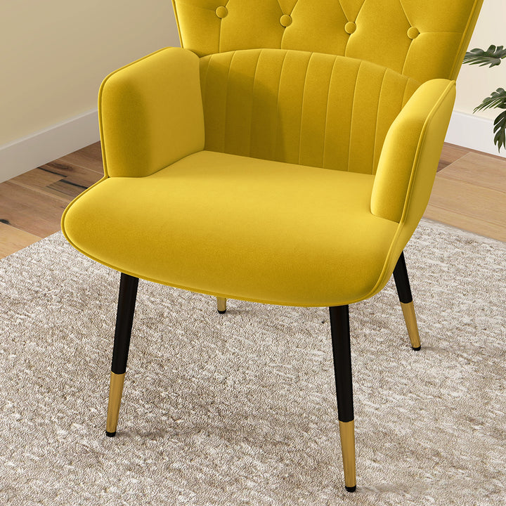 Poltrona Individual Poltrona Sala de Estar Estofada em Veludo com Encosto Alto Apoio para os Braços e Pés de Aço Estilo Moderno 68x72x103 cm Amarelo