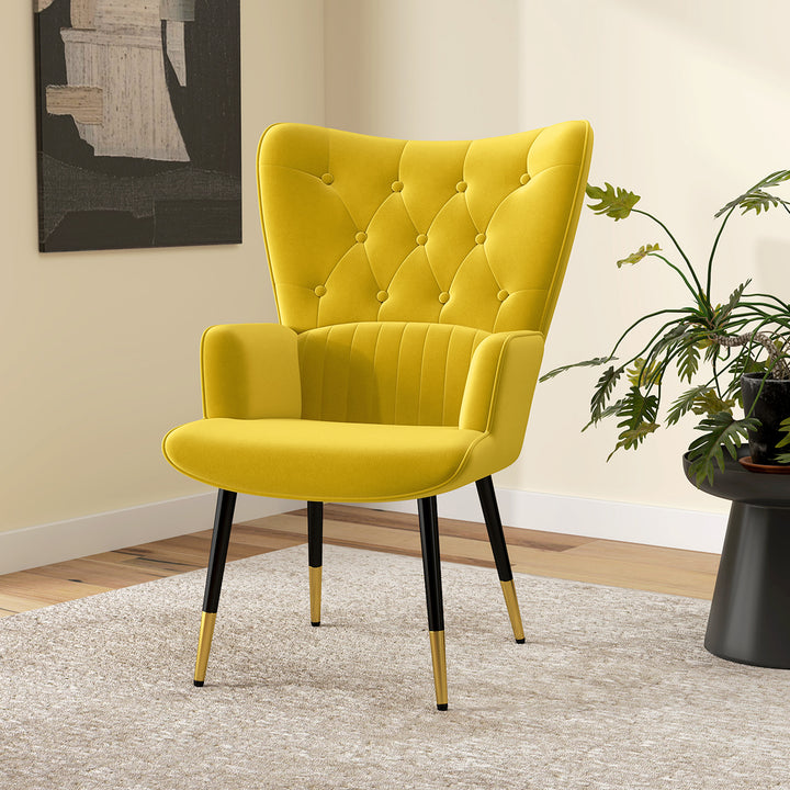 Poltrona Individual Poltrona Sala de Estar Estofada em Veludo com Encosto Alto Apoio para os Braços e Pés de Aço Estilo Moderno 68x72x103 cm Amarelo
