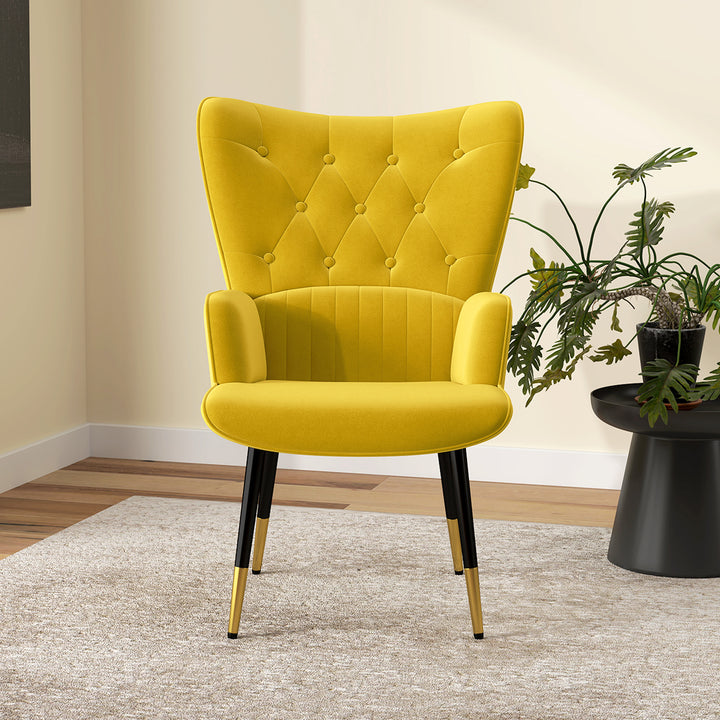 Poltrona Individual Poltrona Sala de Estar Estofada em Veludo com Encosto Alto Apoio para os Braços e Pés de Aço Estilo Moderno 68x72x103 cm Amarelo