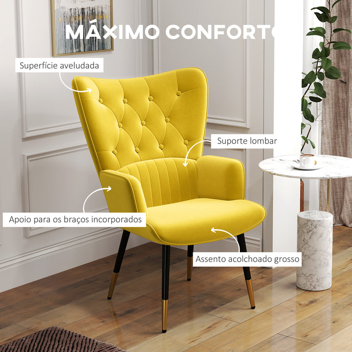 Poltrona Individual Poltrona Sala de Estar Estofada em Veludo com Encosto Alto Apoio para os Braços e Pés de Aço Estilo Moderno 68x72x103 cm Amarelo