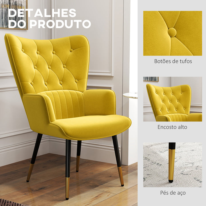 Poltrona Individual Poltrona Sala de Estar Estofada em Veludo com Encosto Alto Apoio para os Braços e Pés de Aço Estilo Moderno 68x72x103 cm Amarelo
