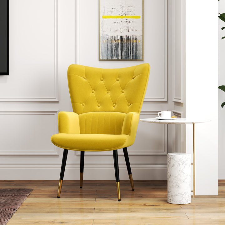 Poltrona Individual Poltrona Sala de Estar Estofada em Veludo com Encosto Alto Apoio para os Braços e Pés de Aço Estilo Moderno 68x72x103 cm Amarelo