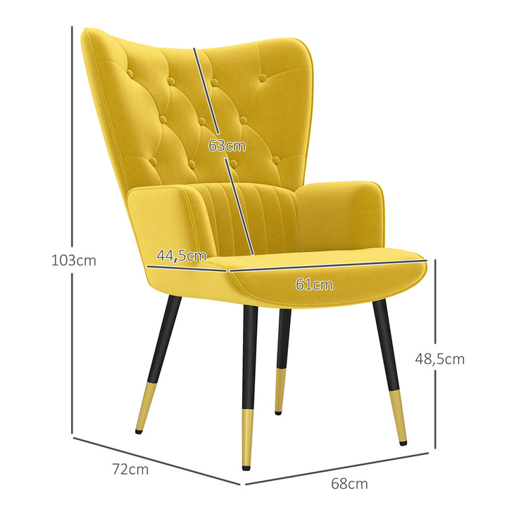 Poltrona Individual Poltrona Sala de Estar Estofada em Veludo com Encosto Alto Apoio para os Braços e Pés de Aço Estilo Moderno 68x72x103 cm Amarelo