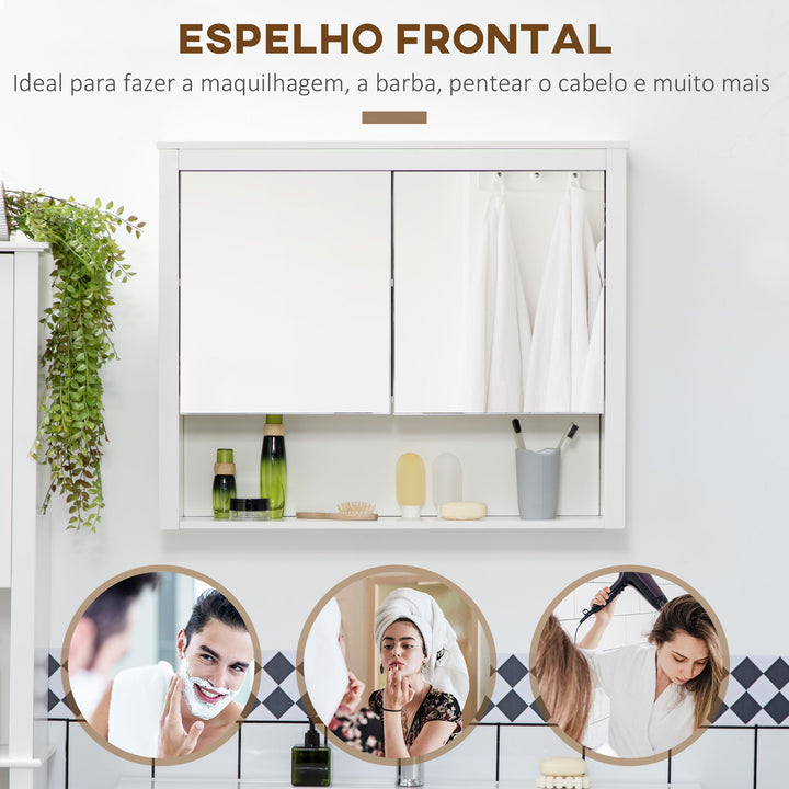 kleankin Armário de Parede para Casa de Banho Armário Suspenso com Espelho para Casa de Banho com 2 Portas e Prateleira de Armazenamento 80x20x65cm Branco