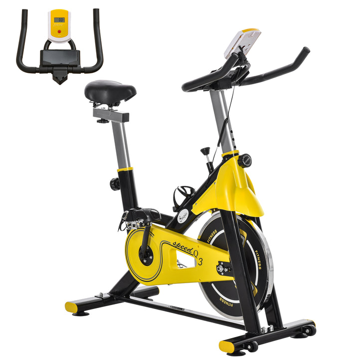 Bicicleta Estática com Resistência Ajustável Bicicleta Fitness com Ecrã LCD Rodas Guiador e Assento Ajustáveis para Casa Ginásio 45,5x100x101-113 cm Amarelo e Preto