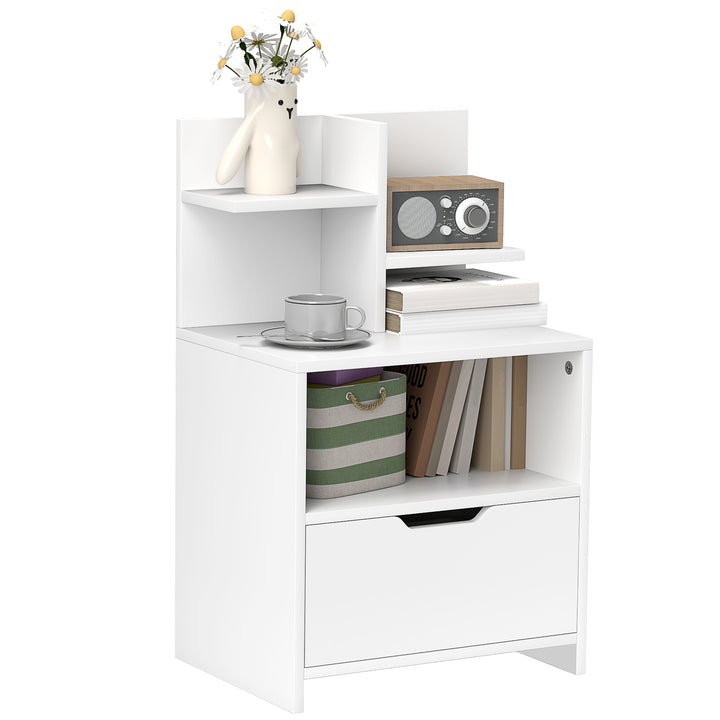 Mesa de Cabeceira de Madeira Mesa de Cabeceira Moderna com Gaveta e Prateleiras de Armazenamento Mesa Auxiliar para Sala de Estar Dormitório 45x35x73 cm Branco