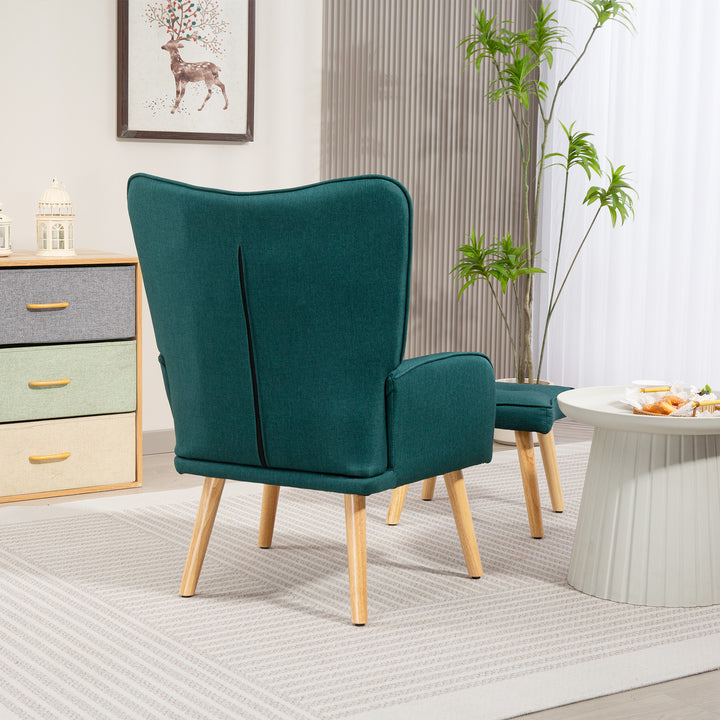 Poltrona com Apoio para Pés Poltrona de Leitura com Encosto Alto Capitonê Pés de Madeira e Revestimento em Linho Cadeira para Sala Quarto Escritório 70x72x94 cm Verde Escuro