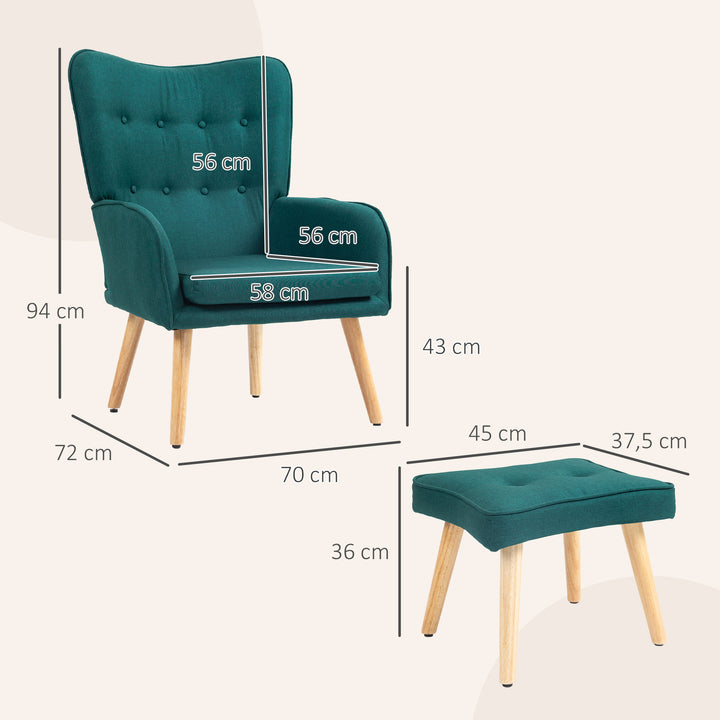 Poltrona com Apoio para Pés Poltrona de Leitura com Encosto Alto Capitonê Pés de Madeira e Revestimento em Linho Cadeira para Sala Quarto Escritório 70x72x94 cm Verde Escuro