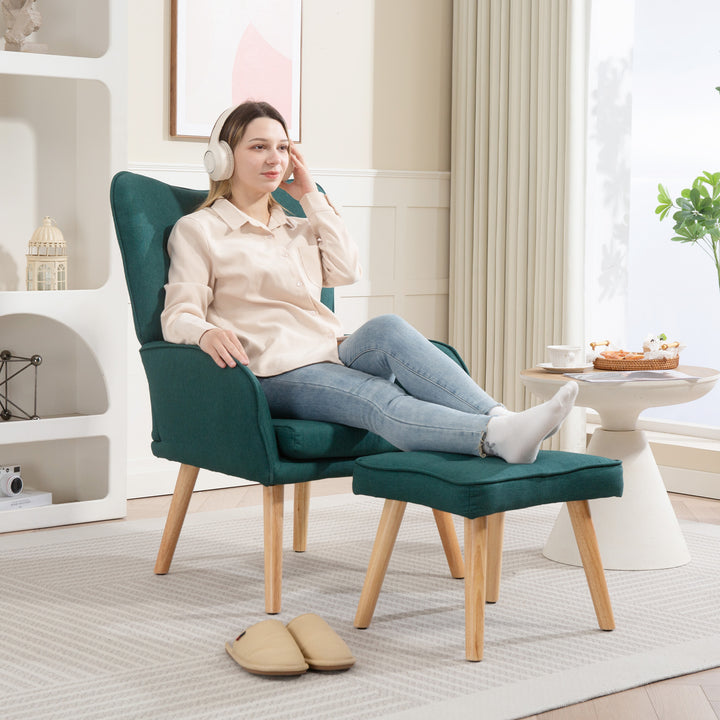 Poltrona com Apoio para Pés Poltrona de Leitura com Encosto Alto Capitonê Pés de Madeira e Revestimento em Linho Cadeira para Sala Quarto Escritório 70x72x94 cm Verde Escuro