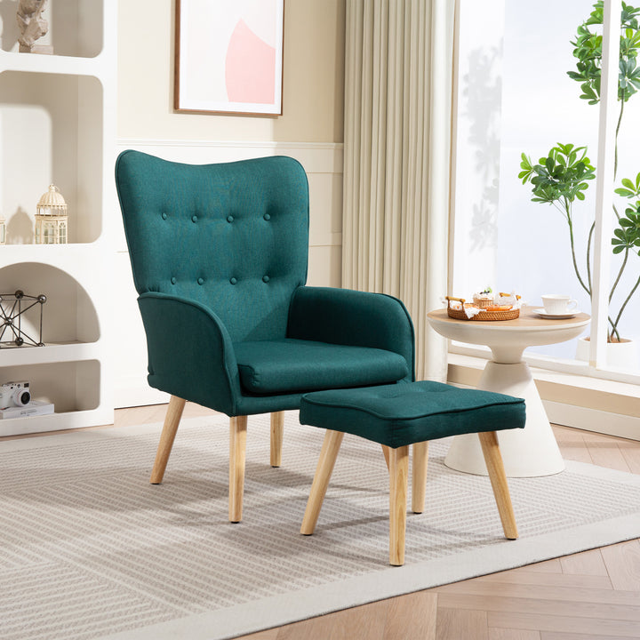 Poltrona com Apoio para Pés Poltrona de Leitura com Encosto Alto Capitonê Pés de Madeira e Revestimento em Linho Cadeira para Sala Quarto Escritório 70x72x94 cm Verde Escuro