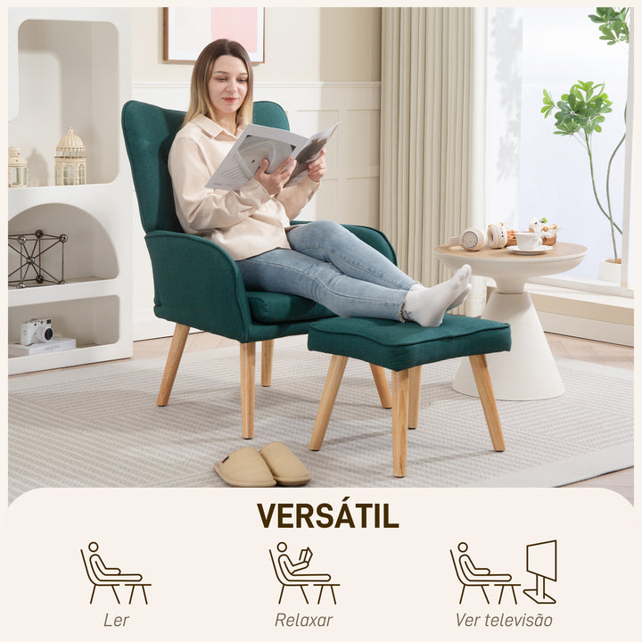 Poltrona com Apoio para Pés Poltrona de Leitura com Encosto Alto Capitonê Pés de Madeira e Revestimento em Linho Cadeira para Sala Quarto Escritório 70x72x94 cm Verde Escuro
