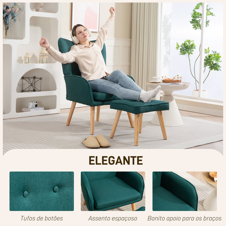 Poltrona com Apoio para Pés Poltrona de Leitura com Encosto Alto Capitonê Pés de Madeira e Revestimento em Linho Cadeira para Sala Quarto Escritório 70x72x94 cm Verde Escuro
