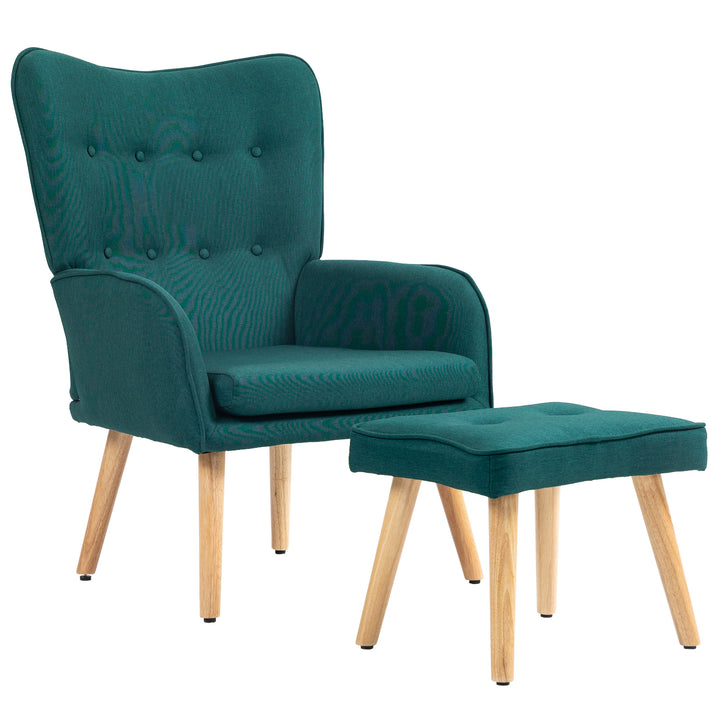 Poltrona com Apoio para Pés Poltrona de Leitura com Encosto Alto Capitonê Pés de Madeira e Revestimento em Linho Cadeira para Sala Quarto Escritório 70x72x94 cm Verde Escuro