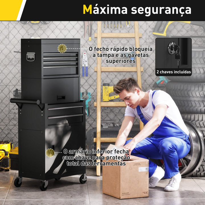 Carrinho de Ferramentas com 6 Gavetas e Fechos 3 em 1 Carrinho de Oficina Móvel com Rodas e Painel Lateral Perfurado Caixa de Ferramentas Desmontável de Aço para Oficina Garagem 60,5x33,5x131 cm Preto