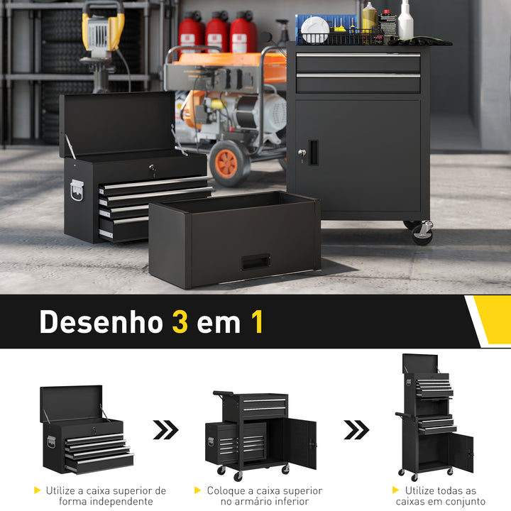 Carrinho de Ferramentas com 6 Gavetas e Fechos 3 em 1 Carrinho de Oficina Móvel com Rodas e Painel Lateral Perfurado Caixa de Ferramentas Desmontável de Aço para Oficina Garagem 60,5x33,5x131 cm Preto