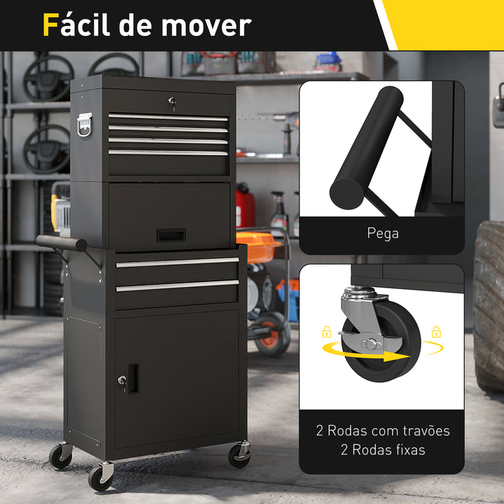 Carrinho de Ferramentas com 6 Gavetas e Fechos 3 em 1 Carrinho de Oficina Móvel com Rodas e Painel Lateral Perfurado Caixa de Ferramentas Desmontável de Aço para Oficina Garagem 60,5x33,5x131 cm Preto